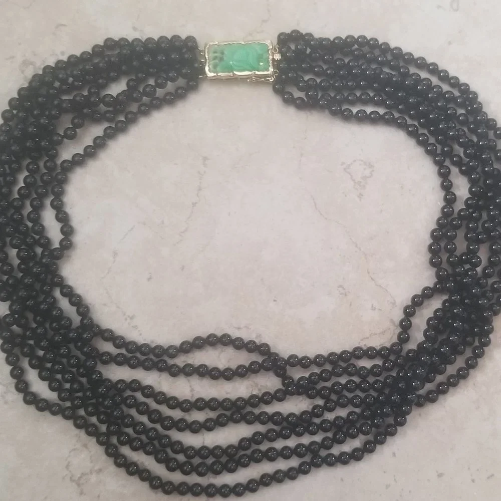 RARE GUMPS TSL BLACK GREEN CARVED JADE 14k NECKLACE MULTI STRAND TORSADE PENDANT